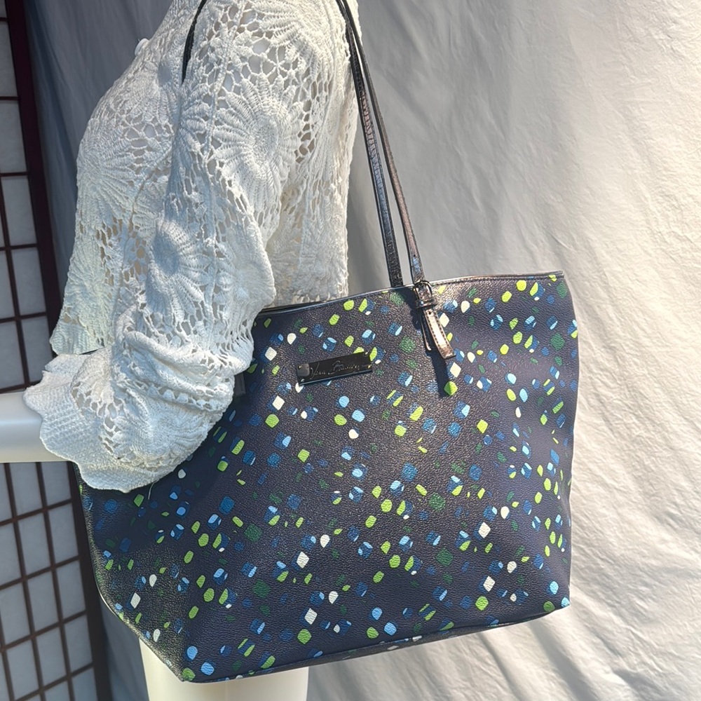 Vera Bradley Blue and Green Tote Bag with Playful Pattern Faux leather